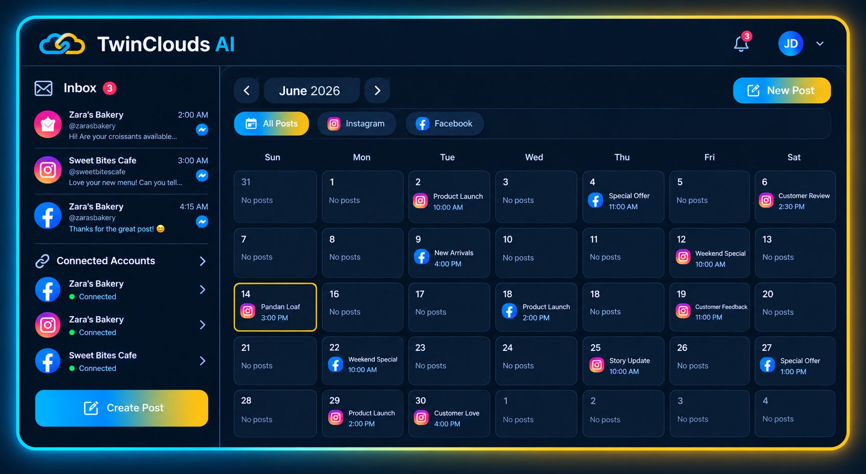 Concept illustration of a calendar and inbox view for scheduling posts and managing messages across multiple connected Facebook and Instagram accounts