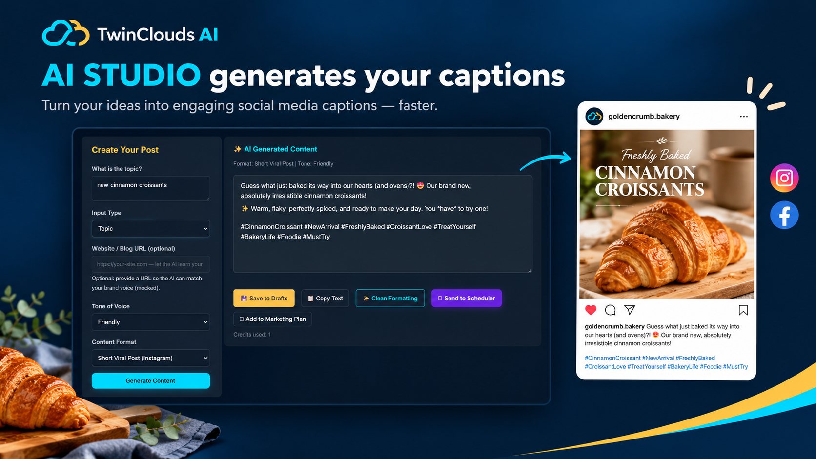 AI Studio turning a short topic description into a ready-to-post social media caption and hashtags