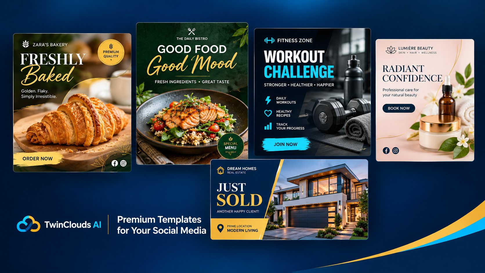Premium social media templates available for bakery, restaurant, fitness, beauty, and real estate businesses