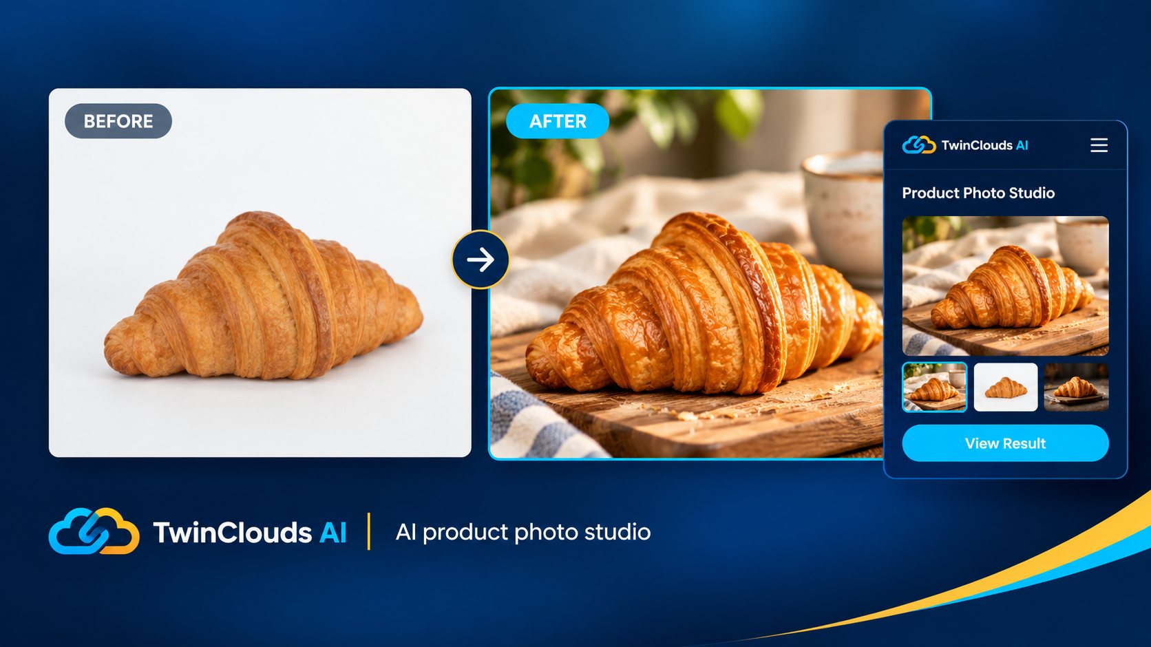 Product Photo Studio before and after — a plain product photo turned into a styled, on-brand scene