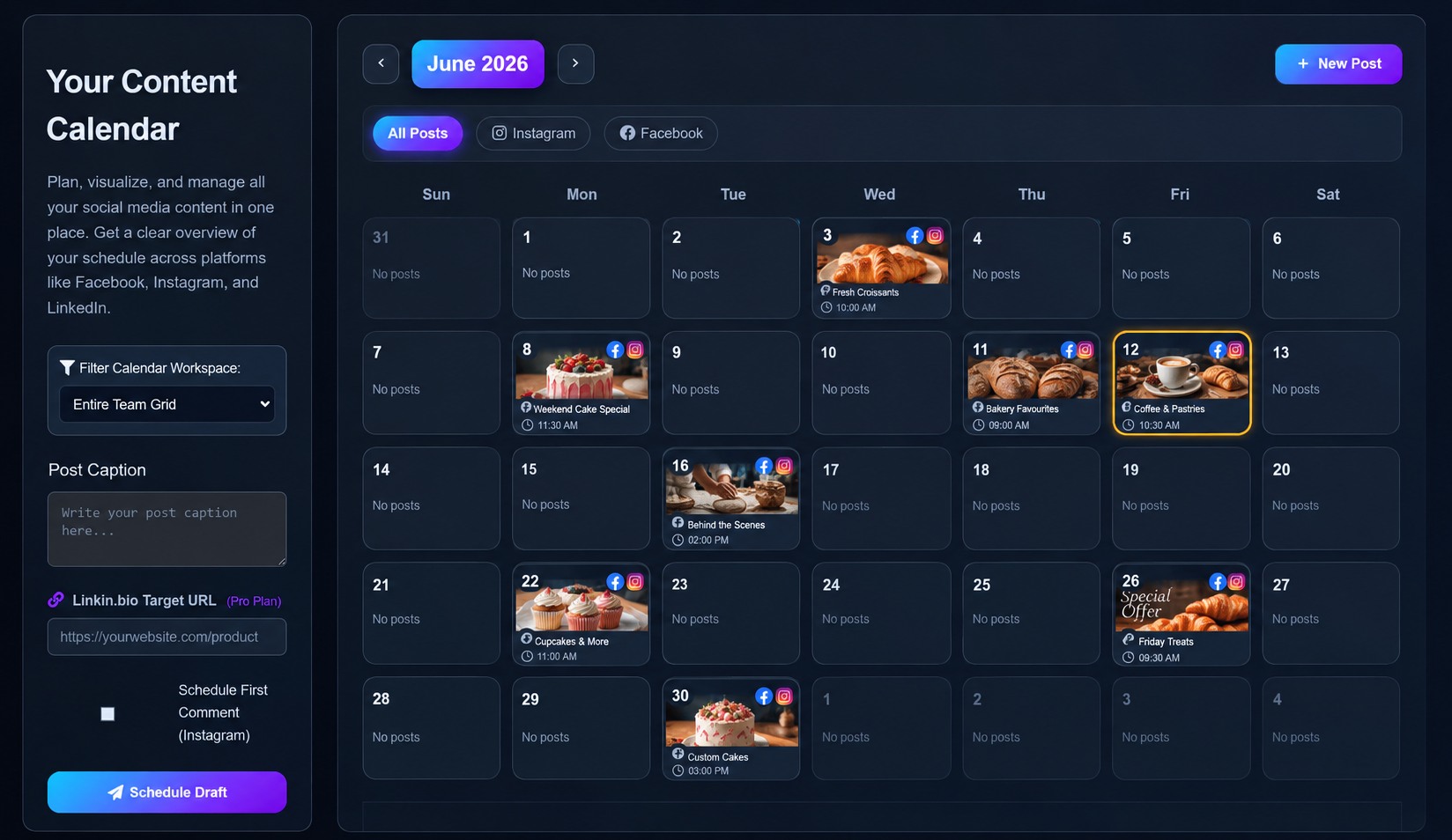 Sample Facebook and Instagram content calendar with posts scheduled across several days (illustrative example)