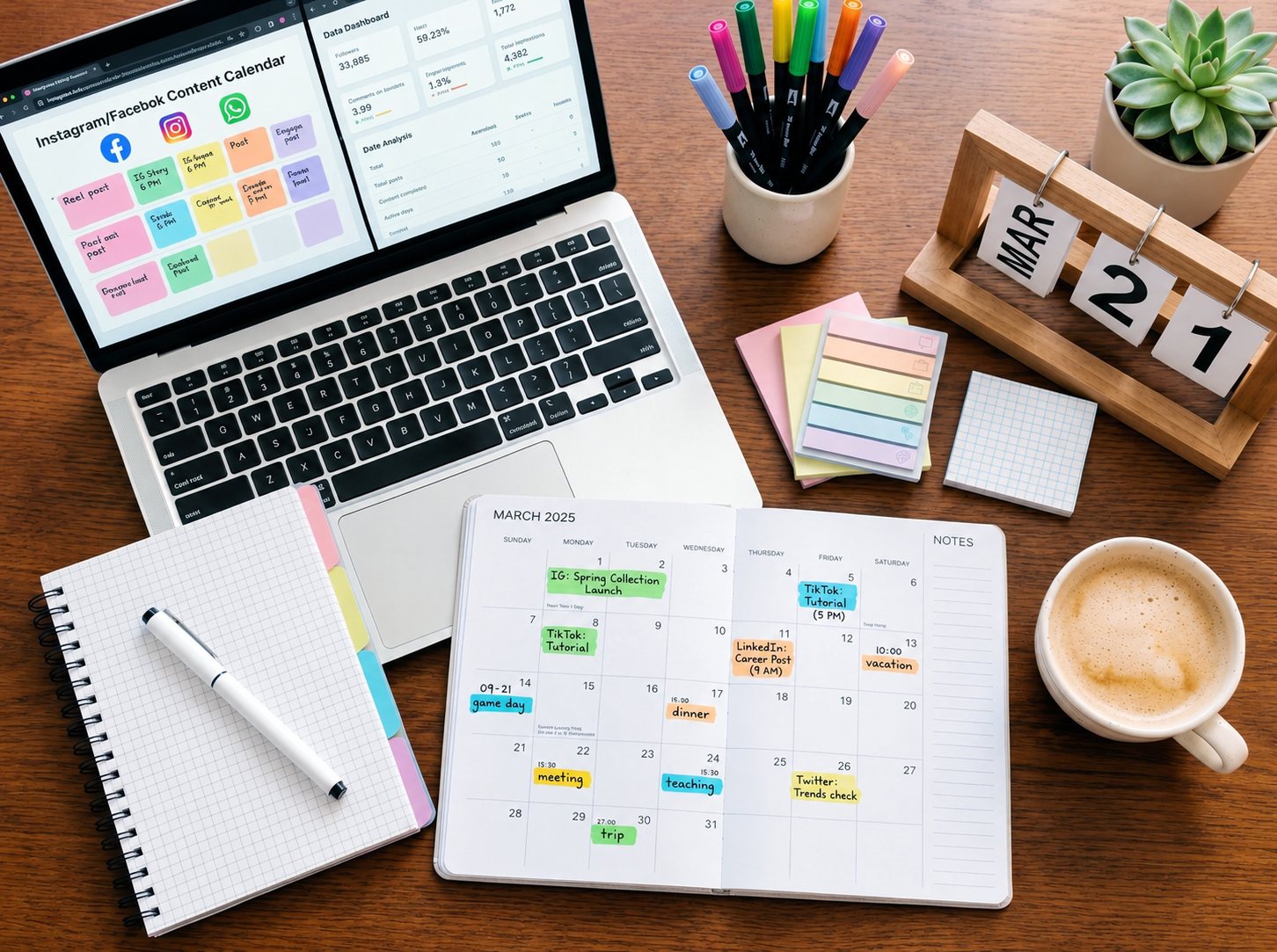 Sticky notes, a notebook, and a laptop showing a Facebook and Instagram content calendar on a desk